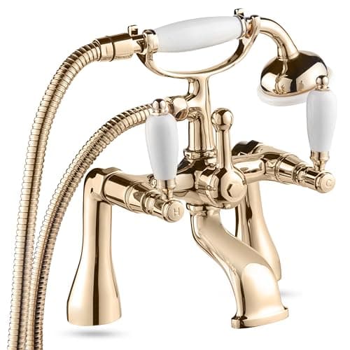 Image of Deva Georgian Bath Shower Mixer Tap Kit - Gold Finish Traditional Style Bath Tap - 3/4 BSP - WRAS KIWA Approved - White Single Lever Easy Turn Handles - 12 Year Warranty GE03/501