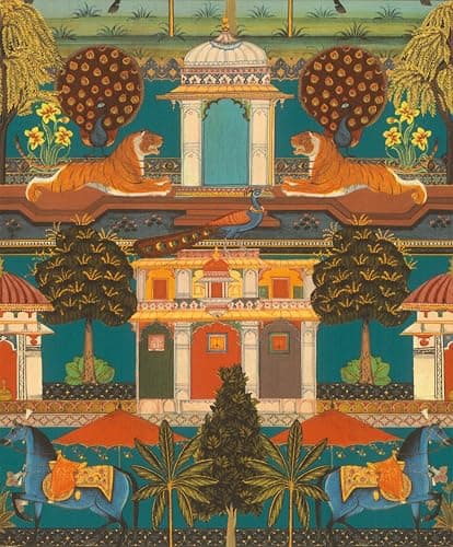 Image of Rasch Non-Woven Wallpaper Petrol Orange Indian Palace Tiger Horse 746211