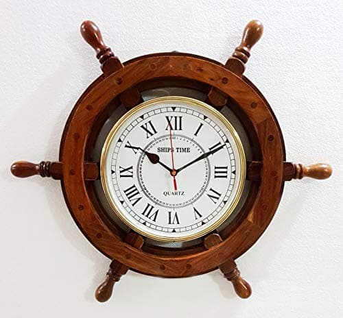 Image of Antique Marine 18" Wooden Ship Wheel Clock Nautical Wall Clock Home Decor