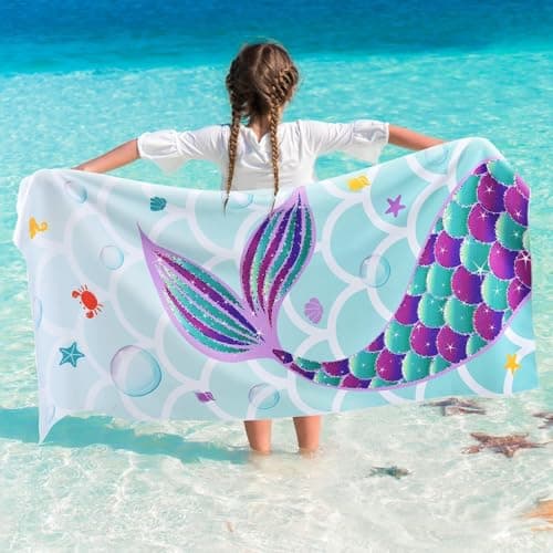 Image of WERNNSAI Beach Towel for Kids, 76 x 150cm Mermaid Quick Dry Sand Free Pool Towel for Girls Super Absorbent Bath Pool Camping Holiday Essentials Travel Towels for Summer