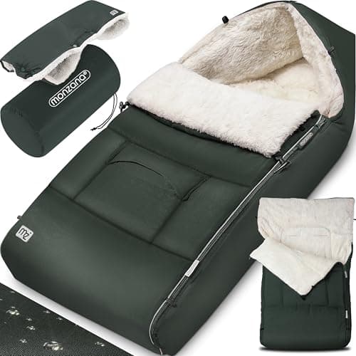 Image of MONZANA® Baby Footmuff with Hand Warmer | Reflective Strips | Cuddly Winter Blanket | Lockable Headrest | 5-Point Belt Compatible | Zip Removable Washable | for Strollers Prams 90x60cm Grey-Green