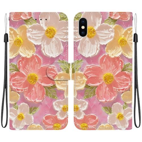 Image of Draamvol for iphone X, iphone XS Case, Wallet Shockproof Flip PU Leather Shell with Card Holder Kickstand Magnetic Closure Soft TPU Bumper Protective Phone Cover for iphone X/XS, Pink Flower