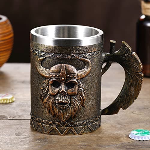 Image of Arola Viking Axe Mug, Stainless Steel Horn Skull Beer Cup, Viking Warrior Skull Tankard, Drinking Cup for Coffee/Beverage/Juice 17oz Gift for Men