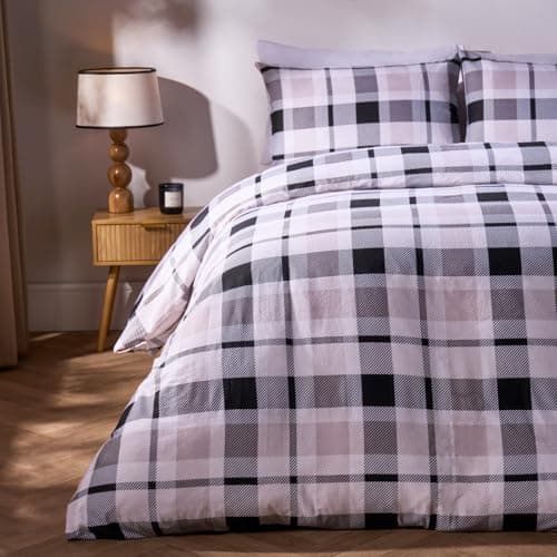 Image of OHS 100% Brushed Cotton Duvet Set Double, Ultra Soft Cosy Warm Classic Farmers Check Tartan Bedding Brushed Cotton Duvet Set with Matching Pillowcases, Monochrome