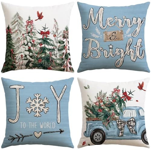 Image of JOTOM Christmas Cushion Covers 45x45 cm Set of 4 Xmas Tree Truck Decorative Blue Throw Pillow Covers Sofa Joy Cushion Cases Winter Holiday Decoration for Home Couch Bed Decor (Truck Blue)