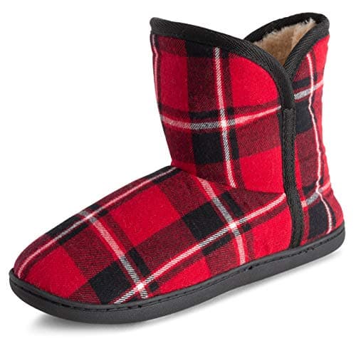 Image of Polar Womens Memory Foam Indoor Faux Fur Fleece Bootie Rubber Sole Comfort Outdoor Anti Slip Durable Slippers - Red Tartan - UK6/EU39 - YC0752