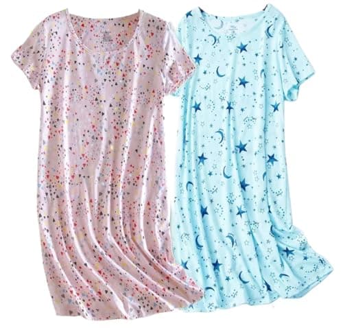 Image of BERDITH 2 Pack Nighties for Women Nightdress Ladies Cotton Blend Nightie Soft Night Dress Womens T Shirt Nightdresses Summer Plus Size Nightwear Sleep & Lounge UK 26-28 Pink Mum Mummy
