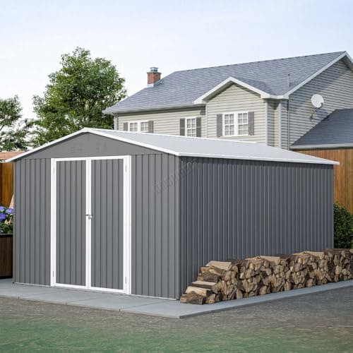 Image of BIRCHTREE Garden Shed Metal Apex Roof 10FT X 12FT Outdoor Storage With Free Foundation Grey and White
