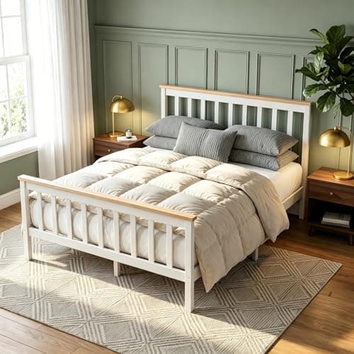 Image of Panana 4FT6 Double Bed Frame Pine Wood Bed with Slats Bed for Kids (White+Wood, Double)