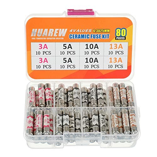 Image of HUAREW 4 Values 80 Pcs 6.3x25 mm BS1362 3 5 10 13 A amp 240 V volt 0.248x0.984 Inch Ceramic Tube Fuses Assortment Kit