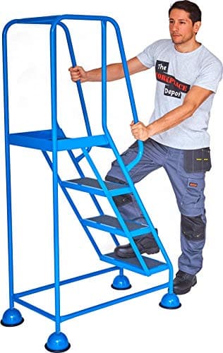 Image of The Workplace Depot Mobile Rolling Safety Steps with Handrail and Cupped Feet -125kg Load Capacity - Durable Steel Frame for Industrial and Commercial Use (4 Tread)
