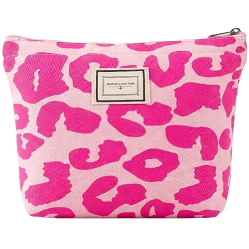Image of Pink Leopard Print Makeup Bag for Women, Canvas Cosmetic Pouch with Zip Closure, Flat Portable Toiletry Bag for Daily Makeup Storage, Travel Handbag Organiser Gift