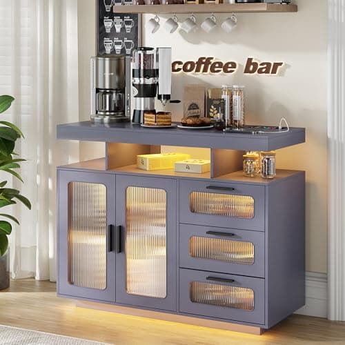 Image of FREDEES Sideboard Buffet Cabinet with Storage, Coffee Bar Cabinet with RGB Light, Modern Coffee Bar Table with Charging Station, Grey
