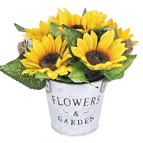 Image of Leixi Artificial Sunflowers with Pot, Artificial Flowers in Metal Potted, Artificial Sunflower Bouquet with Vase for Wedding Party Stage Centerpieces Windowsill Decor (Yellow)