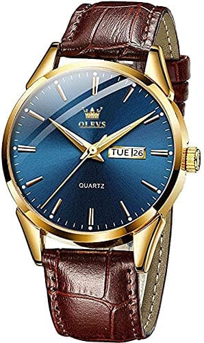 Image of OLEVS Men Watch Brown Leather Strap Large Blue Face Analog Quartz Classic Dress Date Luminous Waterproof Gents Wrist Watch
