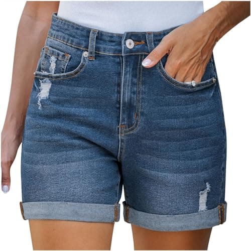Image of UK Sale Clearance Women's Denim Shorts Elastic Waist Jeans Shorts with Pockets Tummy Control Sports Shorts Ladies Turned Frayed Hem Shorts Workout Half Pants Stretchy Hotpants Cropped Trousers