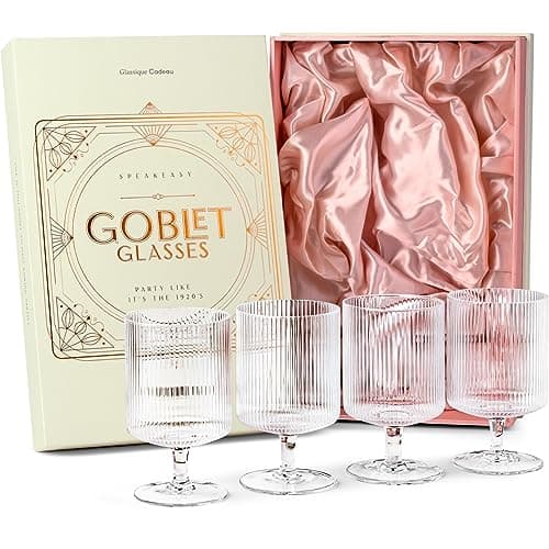 Image of GLASSIQUE CADEAU Vintage Art Deco Ribbed Goblet Cocktail Glasses with Stem | Set of 4 | 300 ml Short Stemmed Crystal Tumblers for Drinking Classic Gin, Whiskey, Vodka Bar Drinks