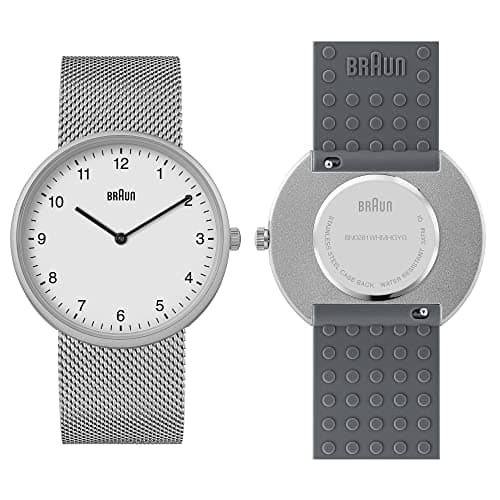 Image of Braun 2-Hand Analogue Quartz Watch, White Dial and Stainless Steel Mesh Strap with Additional Grey Silicone Rubber Strap, Quick-Release Spring Bars, 38mm, Model BN0281WHMHGYG.