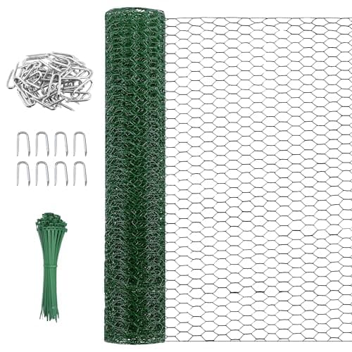 Image of Garden Mile 10m x 0.9m Green PVC Chicken Wire Mesh Roll - 25-30mm Hex Fence Netting - Galvanised Garden Wire Fencing Kit with Cable Ties & U Pins - Poultry, Plant & Animal Barrier