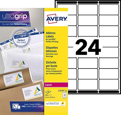 Image of Avery 960 Pieces White Self-Adhesive Labels L7159-40 63.5 x 33.9 mm A4 Paper A4 Sheet for Laser Printers Anti-Jam FSC Certified Addressing Shipping
