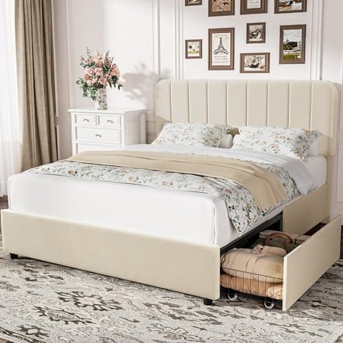 Image of VECELO 4ft6 Double Bed Frame Upholstered Platform with 4 Storage Drawers and Adjustable Tufted Headboard, Sturdy Wooden Slat Support, No Box Spring Needed, Easy Assembly, Velvet Fabric