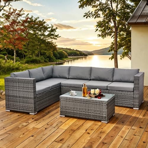 Image of Aweather 6 Seater Rattan Corner Sofa Set Rattan Garden Furniture Set All-Weather PE Rattan Wicker Patio Conversation Set with Modern Glass Coffee Table and Washable Cushions (Gray)