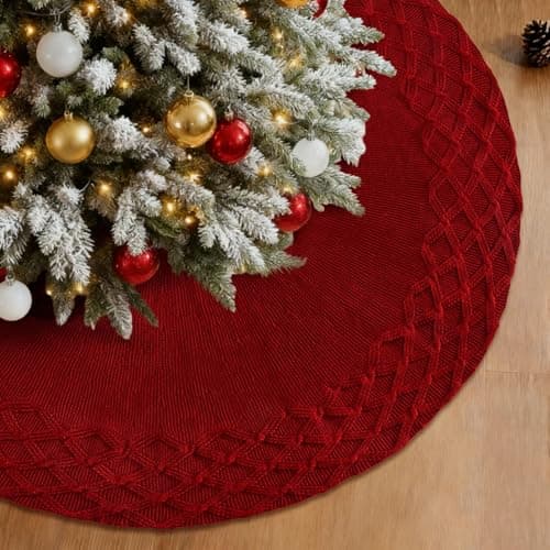 Image of UXORSN Christmas Tree Skirt 48 Inch Large Red Xmas Tree Base Cover Mat Rustic Thick Knitted Tree Skirt with 3D Woven Plaid Pattern Floor Mat Christmas Tree Decorations for Xmas Holiday Party Decor
