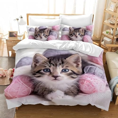 Image of Tabeskly Kids Girls Bedding Set Single, Cat Cute Soft Zipper Childrens Full Bed 3 Piece Cover Duvet Quilt Covers and Pillowcases - Small Mildly Cosy Budget Bedclothes 135×200cm