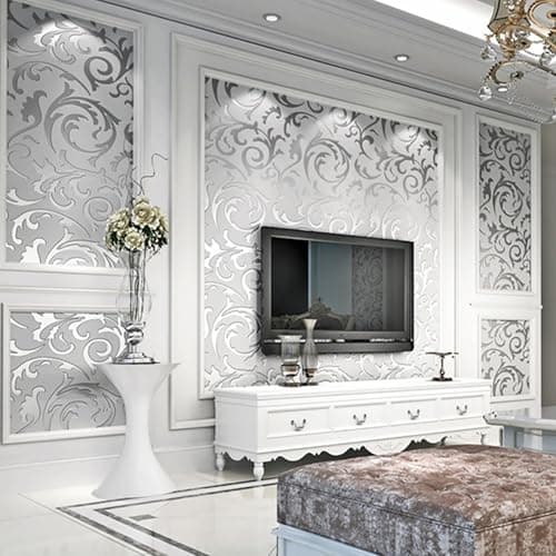 Image of Trafagala 9.5 m x 0.53 m Silver Grey Glitter Striped Wallpaper Modern Damask Embossed Textured Wallpaper for Living Room Bedroom TV Background Non-Woven Roll Silver Retro Leaf