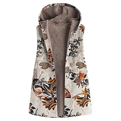 Image of Mrat Womens Hooded Gilet Floral Print Fleece Lined Jacket Polar Fleece Vest Lightweight Vintage Body Warmer Coat Windproof Sleeveless Winter Gilets Comfy Sherpa Padded Quilted Jacket Outwear