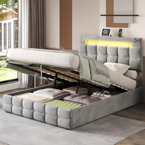 Image of 4ft6 Double Upholstered Bed Velvet Ottoman Bed Frame LED Upholstered Bed with Hydraulic Storage,USB & Type-C Charging Ports,Adjustable Tufted Headboard, No Box Spring Needed, Grey - Without Matress