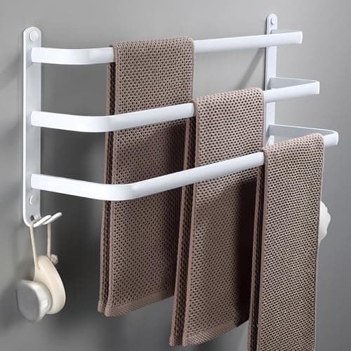 Image of yozhch White Towel Rail with Hooks, 3-Tier Towel Rack Wall Mounted Bathroom Towel Holder, Nail-Free Adhesives/Drilling Installation, Aluminum