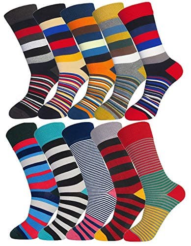 Image of FULIER Mens 5 Pairs Novelty Funky Colorful Smart Design Comfort Cotton Funny Dress Socks (Stripe-10pack)