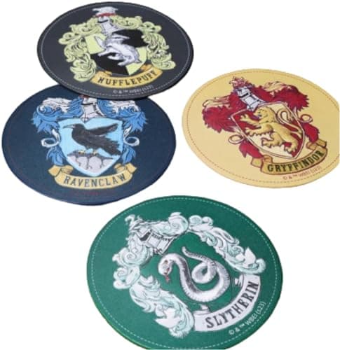 Image of Harry Potter Drinks Coasters Hogwarts House Crest Design Logo Round Coaster Set Pack of 4 Party Supplies