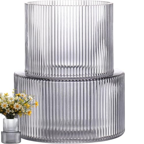 Image of Duscdesp Large Glass Vase,Ribbed Flower Vase,Transparent Glass Vases for Living Room,Office,Wedding,Party,Aesthetic Room Decor(Grey)