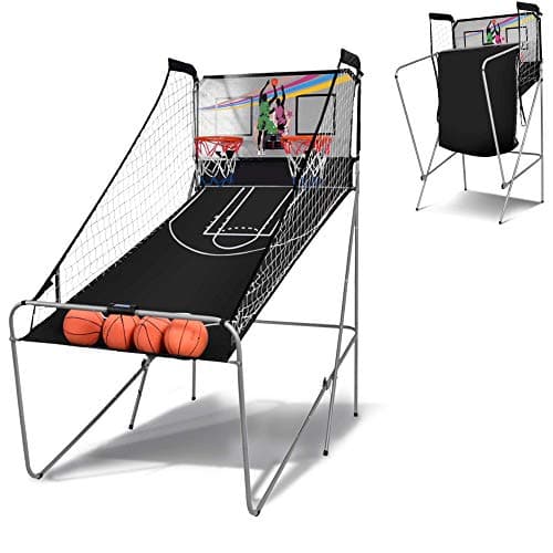 Image of COSTWAY Foldable Basketball Arcade Game, Dual Shot Electronic Basketball Game with 8 Modes, 4 Balls and LCD Scoreboard, Indoor Basketball Hoop for Kids, Adults (Black)