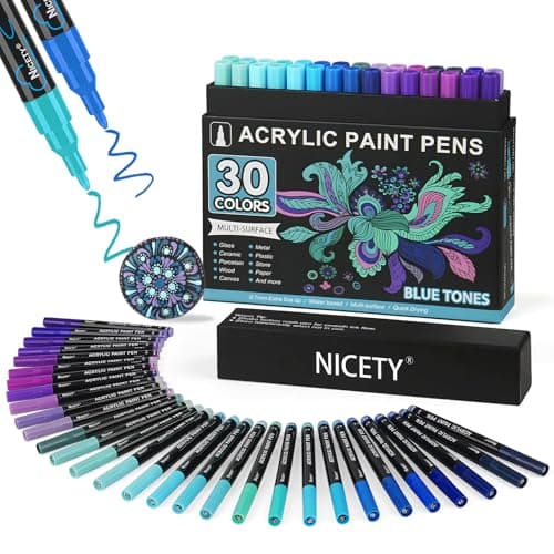 Image of NICETY 30Pcs Acrylic Paint Pens Paint Markers for Rock Painting Stone Glass Ceramic Wood Metal Fabric - 0.7mm Extra Fine Tip Water Based Acrylic Markers (Blue)
