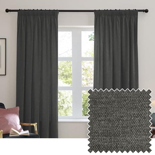 Image of furn. Soft Chenille Blackout Pencil Pleat Curtain Pair – Soft Touch Matt Textured Lined Minimalist Curtains (Charcoal - 229x229cm)