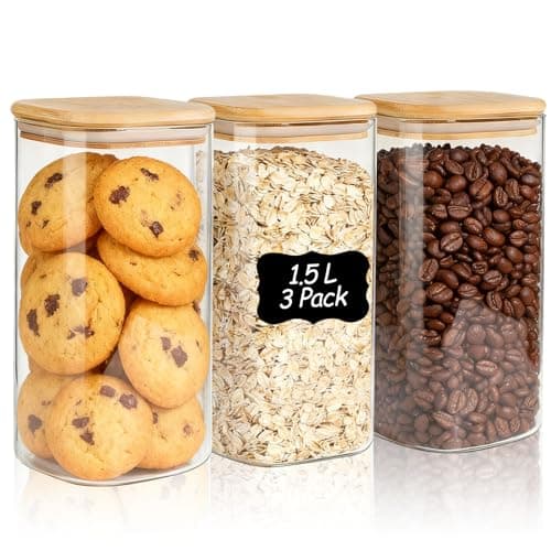 Image of ComSaf 1.5L Glass Jars with Bamboo Lids Set of 3, Clear Airtight Glass Food Storage Containers with Sealing Lid, Square Storage Jars for Kitchen Canisters Pasta Flour Cereal Rice Coffee Beans