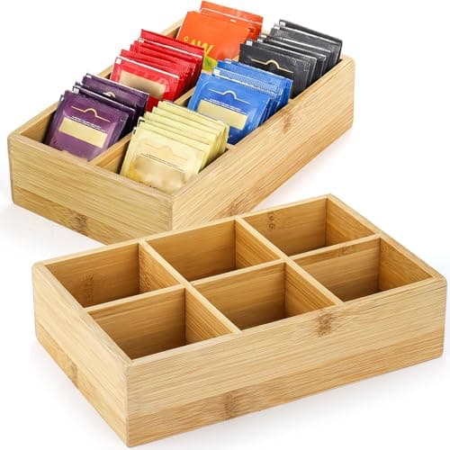 Image of Dicunoy 2 Pack Bamboo Tea Bag Storage Organizer, Wooden Tea Box Drawer Storage Holder With 6 Compartments, Coffee Station Organizer, Divided Chest Countertop Box for Sugar Packet, Sweeteners,