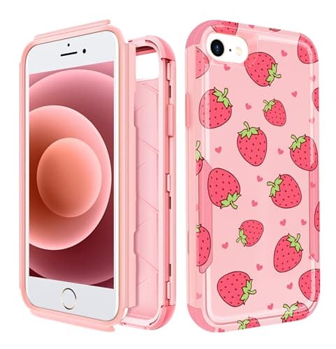 Image of Pegmode iPhone SE/8/7 Case, Heavy Duty Protective Strawberry Cute Phone Cover for Women Men Girls Boys, Pink, Plastic, Fruits Pattern, Rugged/Protective, Heavy Duty Protection