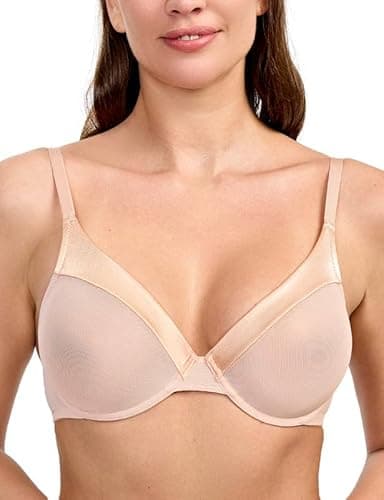 Image of WingsLove Sheer Lace Bra Sexy Demi See Through with Mesh Full Coverage Underwire No Padded Bralette Support Bras(Pink Nude,38B)