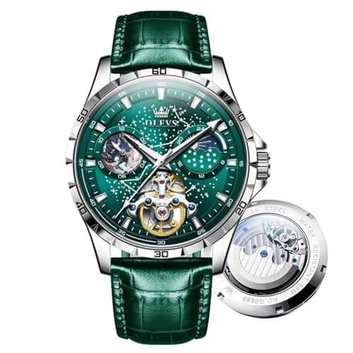 Image of OLEVS Mens Automatic Watches Starry Sky Skeleton Tourbillon Self Winding Mechanical Wrist Watch,Waterproof and Luminous Stainless Steel Precision Watch Strap (6689-Green dial and Green Belt)