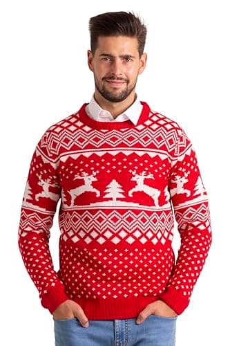 Image of Mens Christmas Jumper Knitted Xmas Sweater with Reindeer & Snowflake Pattern, Warm Long Sleeve Festive Crew Neck, Slim Fit S-XXL (Red, XXL)