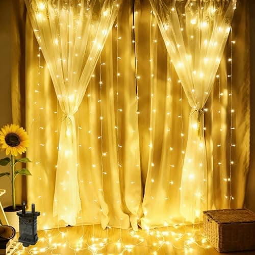 Image of 2M x 2M Curtain Lights Indoor Fairy Light Plug in,204LED Backdrop Window Curtain Lights Wall Light,Hanging Waterfall Light,8Mode,Waterproof,Connectable for Gazebo Oudoor(Warm White)