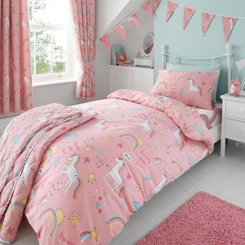 Image of Girls Kids Unicorns Rainbows Pink Double Reversible Duvet Cover Bedding Set