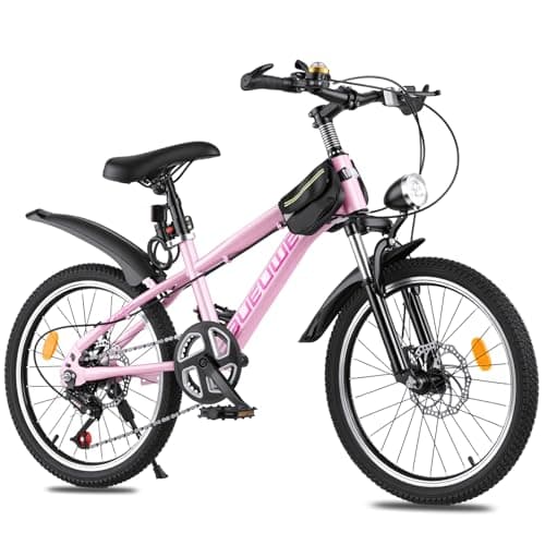 Image of LNRLZYLS Kids Bike for Boys & Girls Ages 7–12, 20/24 Inch Mountain Bicycle with 7-Speed Gear, Dual Disc Brakes, Suspension Fork, LED Headlight – Youth Bike for Outdoor Riding (Pink, 24 inch)