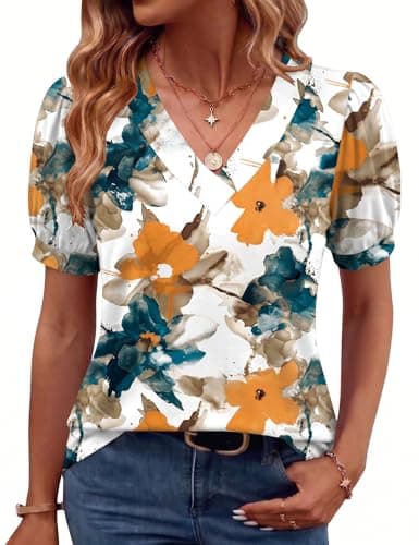 Image of Rapbin Ladies Tops V Neck T Shirts for Women Summer 2026 Puff Short Sleeve Blouses Pleated Tunic Floral Yellow