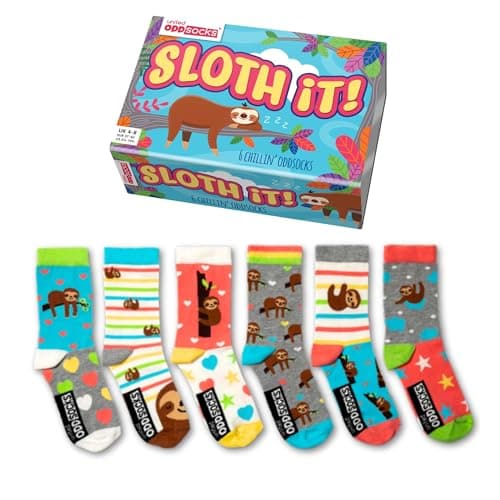 Image of United Oddsocks Sloth It Ladies Gift Box – 6 Colourful Odd Socks for Women – UK 4-8, EUR 37-42, US 6.5-10.5 – Relaxing Sloth-Themed Socks for Mixing and Matching – Cute, Quirky Gift for Her