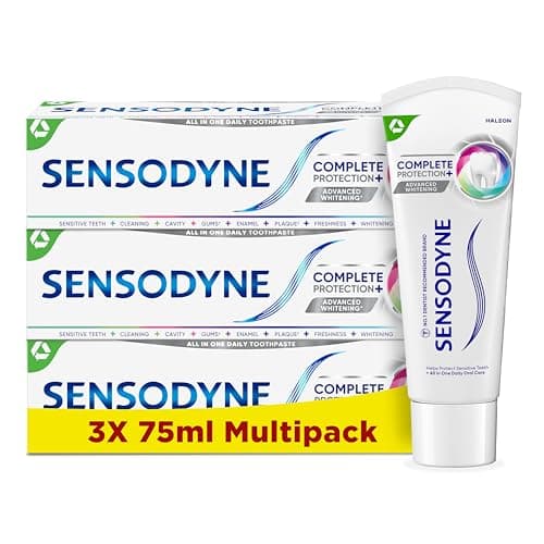 Image of Sensodyne Complete Protection & Advanced Whitening Toothpaste for Sensitive Teeth, Eliminates Bad Breath, 75ml (Pack of 3)